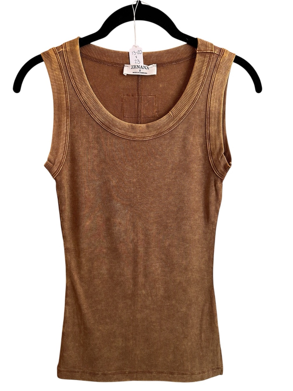Zenana Outfitters Women's Ribbed Tank Top in Camel.